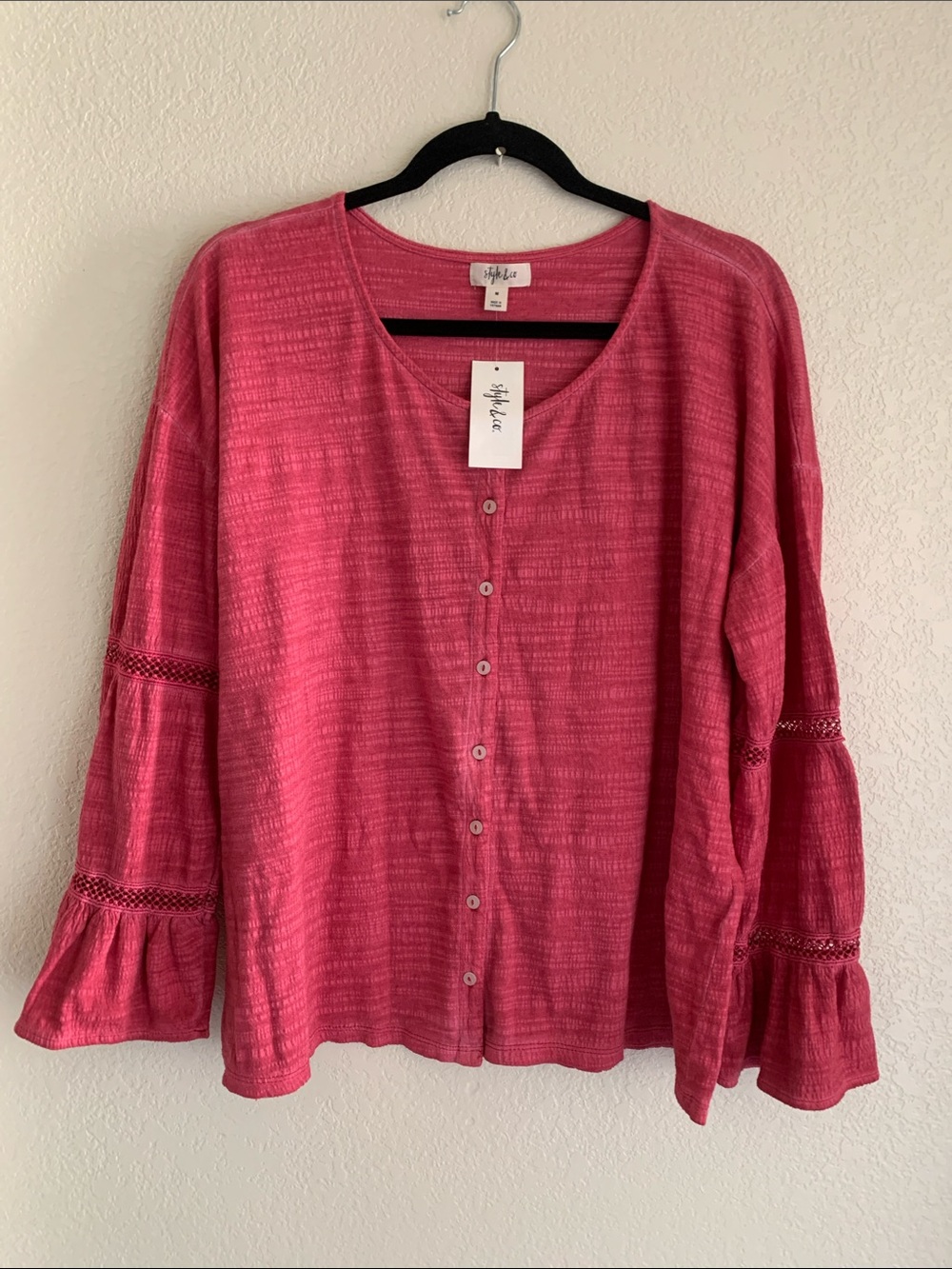 Stile & Co Raspberry Pink Button-Down Bell Sleeve Top Size Medium